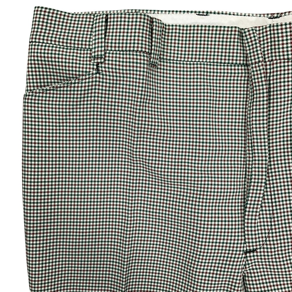 Vintage Pants Men‎ 47W Unhemmed Green Brown Houndstooth Check 70s Dress Trousers